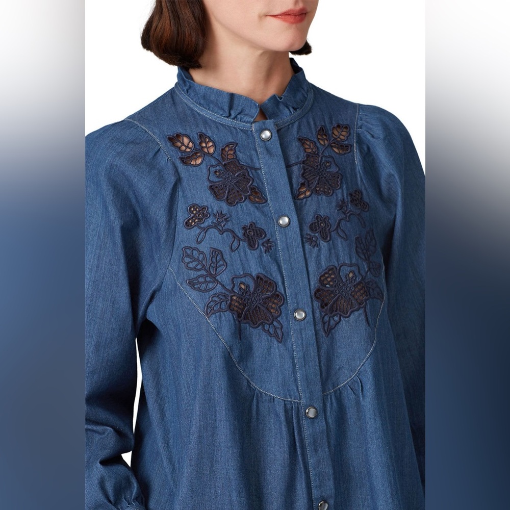 Coach Embroidered Denim Dress Blue Size 12 Made In Italy Snap Button Closure - Picture 4 of 16
